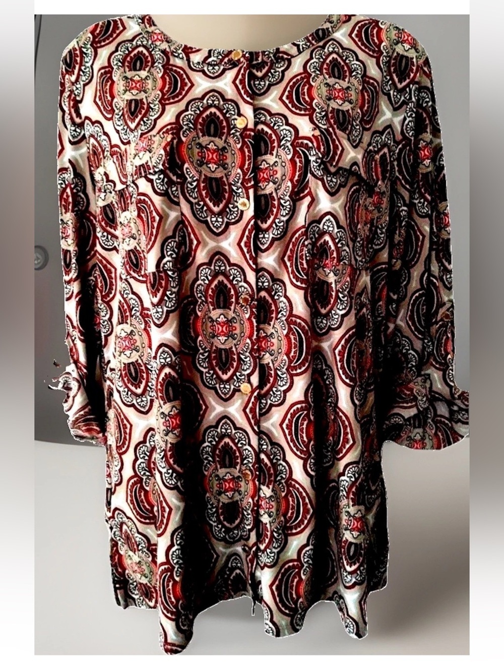 Dana Buchman Top L Stretch Knit Tab Sleeve Boho Shirt Blouse Women’s Size Large